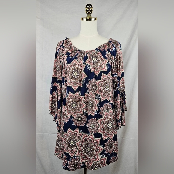 Lildy Tops - Lildy Tunic Top Bell Sleeve Flower Design Sz Lg Boho Hippie Cottagecore Peasant